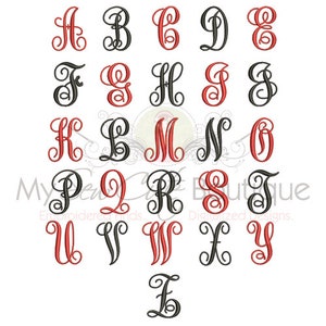 以下が含まれることがあります： 黒と赤の26文字の筆記体アルファベットのセット。文字は飾り文字でスタイリッシュにデザインされており、行に並んでいます。