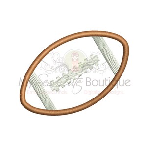 May include: A brown and white football embroidery design. The football is stitched with a brown outline and white laces.