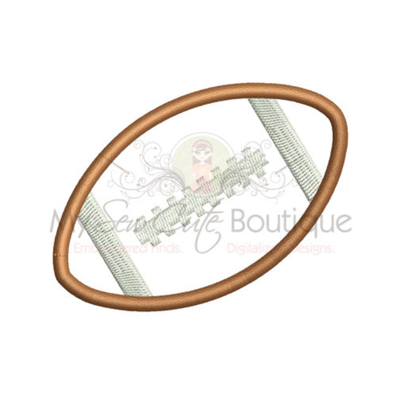 May include: A brown and white football embroidery design. The football is stitched with a brown outline and white laces.