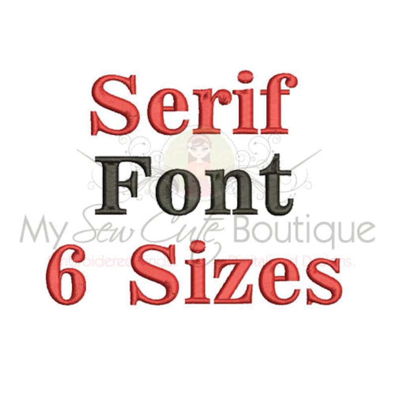 K&ouml;nnte beinhalten: Serif Schriftart 6 Gr&ouml;&szlig;en in roter und schwarzer Schrift. Der Text ist auf wei&szlig;em Hintergrund gestickt.