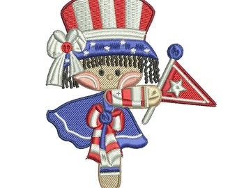 Doll with Flag Machine Embroidery Design, USA Flag Embroidery Design, 4th of July Embroidery Design, American Flag  Embroidery Designs