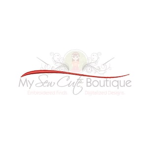 May include: A red curved line with the text "My Sew Cute Boutique" in a stylized font. The text "Embroidered Finds" and "Digitalized Designs" are below the main text.