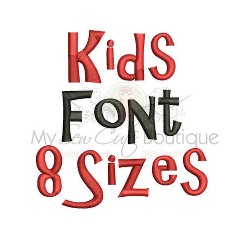 May include: Kids Font in 8 sizes. The word "Kids" is in red, "Font" is in black, and "8 Sizes" is in red.