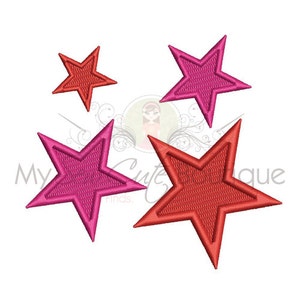 May include: Four embroidered stars in shades of red and pink on a white background. The stars vary in size, with a smaller red star at the top left and a larger red star at the bottom right. The text "My Cute Finds" is partially visible.