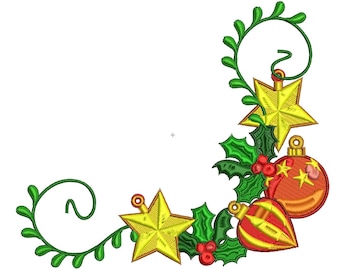 Könnte beinhalten: Ein grünes und rotes Weihnachts-Eckendesign mit Stechpalmenblättern, roten Beeren, goldenen Sternen und roten und goldenen Kugeln.