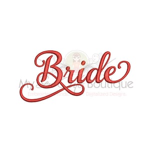 Op de afbeelding: Rood borduurwerk in cursief schrift dat "Bride" zegt.