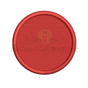 May include: A red round patch with a textured surface and a stitched edge.