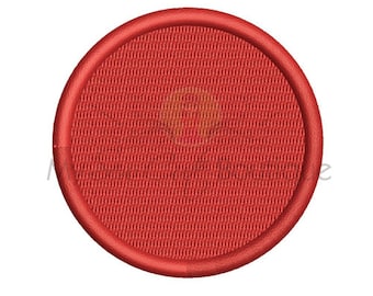 May include: A red round patch with a textured surface and a stitched edge.