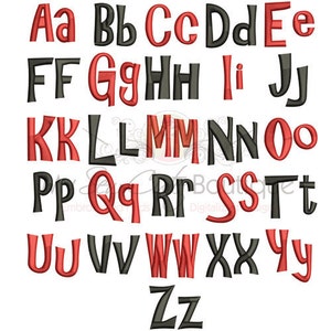 May include: A set of uppercase letters in a playful, cartoon-style font. The letters are in red and black, with some letters outlined in black and others filled in black.