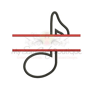 May include: A black musical note split in half by two red lines. This design is perfect for creating a personalized monogram.