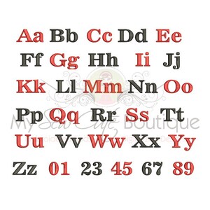 K&ouml;nnte beinhalten: Ein Diagramm des Alphabets in Gro&szlig;- und Kleinbuchstaben sowie die Zahlen von 01 bis 89. Die Buchstaben sind rot und schwarz, die Zahlen rot.