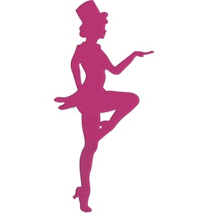 May include: A pink silhouette of a dancer wearing a hat and a short skirt, with one leg raised and the other leg bent at the knee.