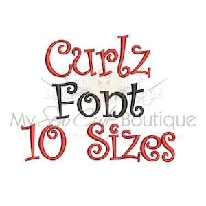 May include: White background with the words "Curlz Font 10 Sizes" in red and black. The word "Curlz" is in red, the word "Font" is in black, and the words "10 Sizes" are in red. The font has a curly design.