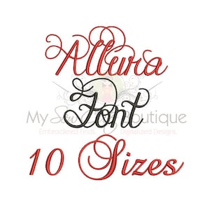 May include: A red cursive font called "Allura Font" with the text "10 Sizes" in red cursive below it.