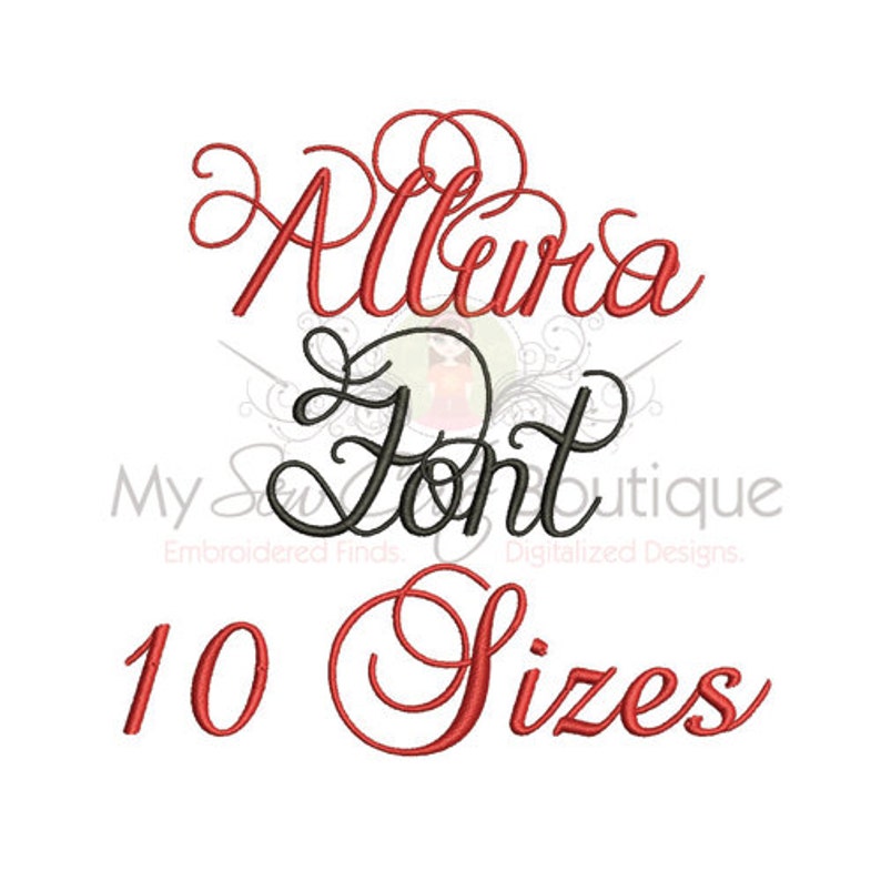 May include: A red cursive font called "Allura Font" with the text "10 Sizes" in red cursive below it.
