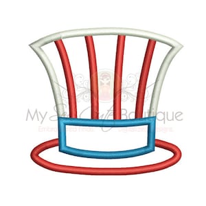 May include: A patriotic red, white, and blue top hat design. The hat features a red brim, a blue band, and red and white stripes. The design is an embroidered digital file.