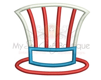 Puede incluir: Un diseño digital bordado de un sombrero de copa rojo, blanco y azul. El sombrero tiene un ala roja, una banda azul y rayas rojas y blancas. Ideal para bordar.