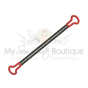 May include: A black and red embroidery design of a pair of crossed knitting needles.