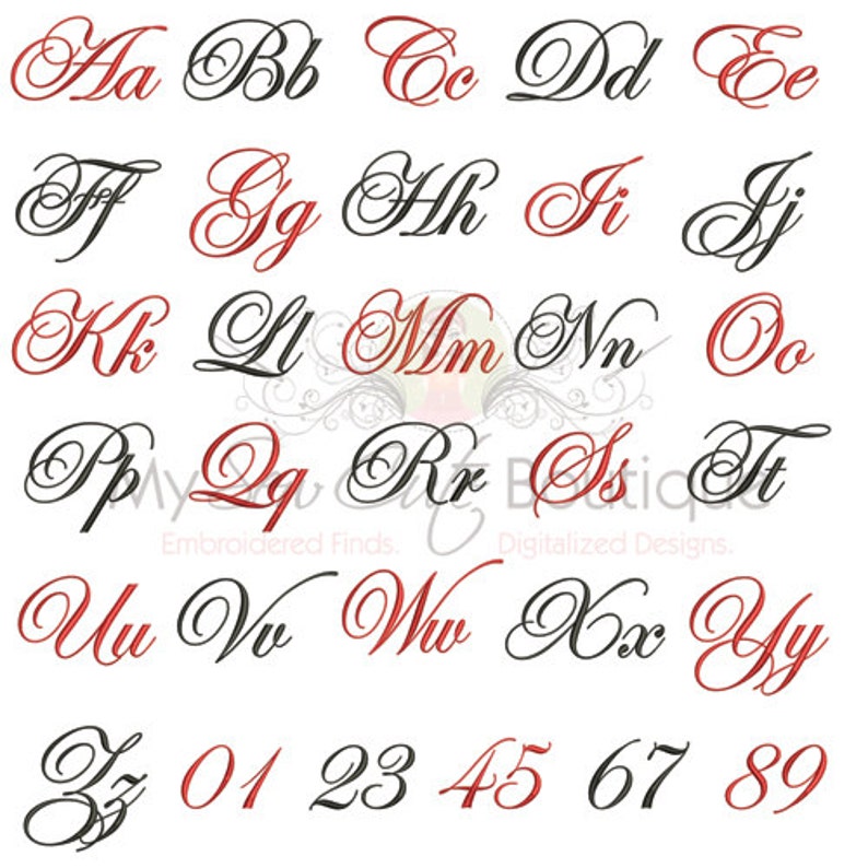 Pu&ograve; includere: Un set di lettere dell'alfabeto in corsivo e numeri in nero e rosso. Le lettere sono stilizzate con un fiocco. I numeri sono in uno stile simile.