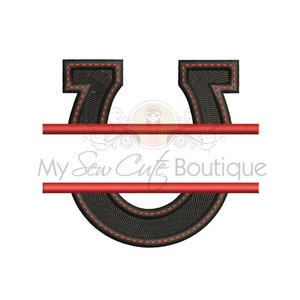 May include: Black horseshoe with red stitching and a red line split in half with the text "My Sew Cute Boutique" in white.