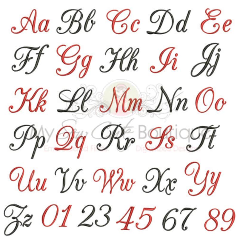 以下が含まれることがあります： 黒と赤の筆記体アルファベットと数字のセット。文字は筆記体で、数字は太字です。