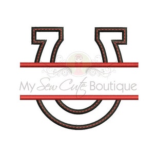 May include: Black horseshoe with red stitching, split in half with a red line for adding text. The text "My Sew Cute Boutique" is below the horseshoe.