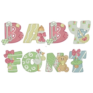 May include: Embroidered letters spelling "BABY FONT" in a variety of colors and patterns. Each letter features a different baby-themed design, including a bottle, a teddy bear, a stork, and a rattle.