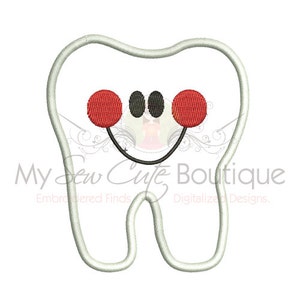 May include: White tooth with a smiling face. The tooth has two red circles for eyes and two black circles for pupils. The mouth is a black curved line.