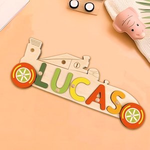 木製名前パズルパーソナライズベビーギフト、幼児用ペグ付きモンテッソーリパズルカー、教育ベビーおもちゃ、ベビーシャワーギフト