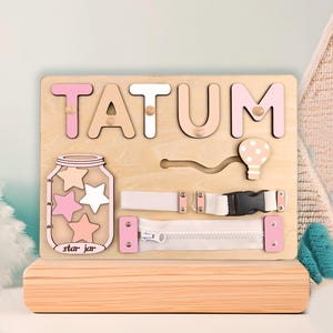 Baby Name Puzzle Personalized Busy Board, Custom Wooden Montessori Toy for Toddlers, First Birthday and Baby Shower Gift