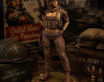 May include: A brown-toned resin figurine of a soldier wearing a tactical vest, helmet, and combat pants, holding a rifle. The figure stands on a circular base with a textured ground surface, featuring detailed military gear and realistic sculpted features.