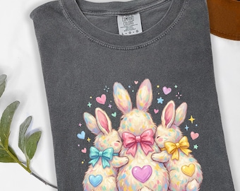 Coquette Easter Bunnies Shirt, Three Pastel Rabbits, Bow Detail Tee