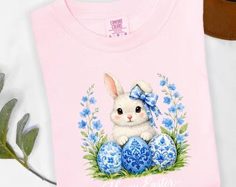 Happy Easter Bunny Shirt, Coquette Floral Rabbit Graphic Tee, Spring Gift for Women