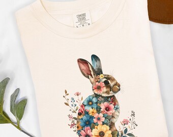 Floral Watercolor Bunny Shirt, Cottagecore Spring Rabbit Tee