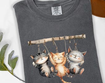 Triplet Mom Cat Shirt | Watercolor Hanging Kittens Tee