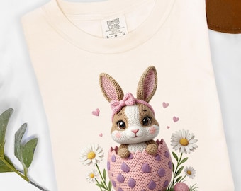 Faux Crochet Easter Bunny Shirt, Knitted Rabbit Tee, Coquette Bow Spring
