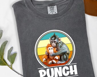 Punch Monkey Shirt, Baby with Plush Toy Retro Sunset Graphic Tee