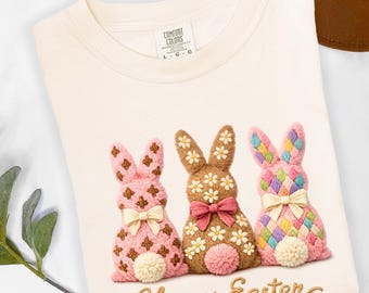 Faux Embroidery Easter Bunny Shirt, Tufted Rabbits Happy Easter Tee