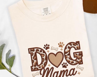 Dog Mama T-Shirt, Faux Embroidered Leopard Print Graphic Tee