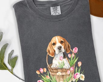 Beagle Mama T-Shirt, Watercolor Floral Spring Tulips Dog Lover Gift