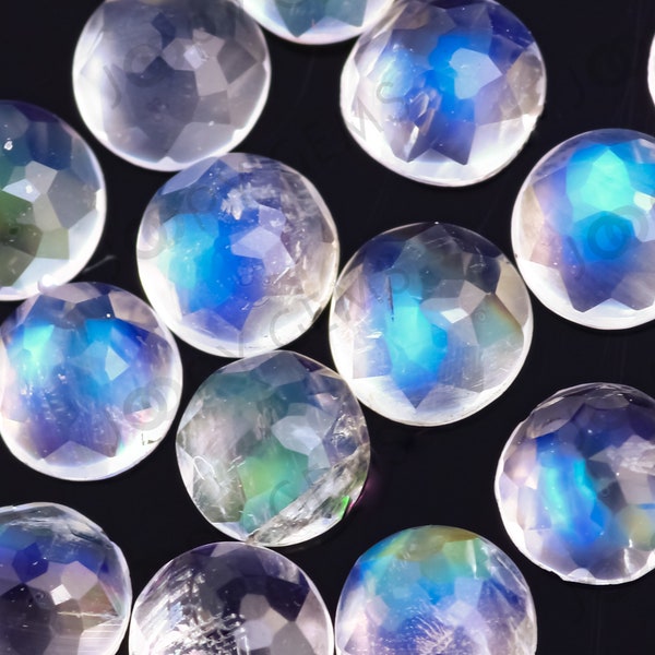 Rainbow Moonstone Rose Cut Cabochon 3mm Round AA grade - 1 cab