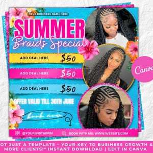 Summer Braid Sale Flyer, Summer Sale Flyer, Braid Prices Flyer, Braids Sale Flyer, Hair Flyer, Lashes Flyer, Braids Special Flyer Template