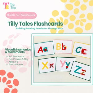 Flashcards de Tilly Tales Phonics | Lot 1 : de A à Z | Mnémoniques visuels imprimables avec mouvement cinétique | Générateur de mots CVC pour enfants d'âge préscolaire