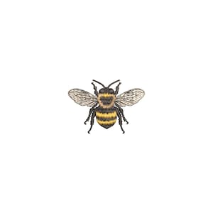 May include: An embroidered bee with yellow and black stripes, textured wings, and black legs and antennae. The bee is centered on a white background, highlighting the detailed craftsmanship of the insect.