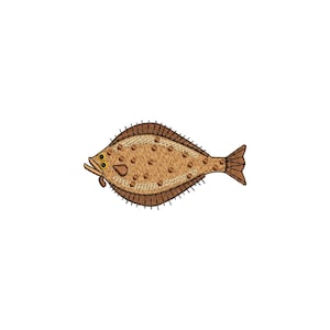 May include: A detailed embroidery of a flatfish, featuring a light brown body with darker brown spots and a darker outline. The fish has a small mouth and a fan-shaped tail, with small black spikes along the edges.