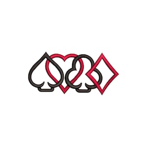May include: An embroidered design featuring the suits from a deck of cards: spades, hearts, clubs, and diamonds. The spade and club are black, while the heart and diamond are red. The design is on a white background.