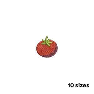 May include: Embroidered tomato patch with a red body, a green stem, and a dark purple outline. The text "10 sizes" is displayed in the bottom right corner.