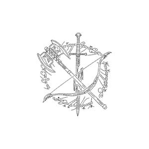 May include: Black and white line art illustration featuring a crossed bow and arrow, a sword, and a battle axe. The weapons are surrounded by a circular design with text.