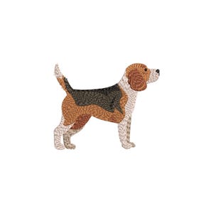 May include: A detailed illustration of a Beagle dog in a standing pose. The dog features a tri-color pattern with brown, black, and white markings. The artwork has a textured, embroidered appearance, with a focus on the dog's features and body.