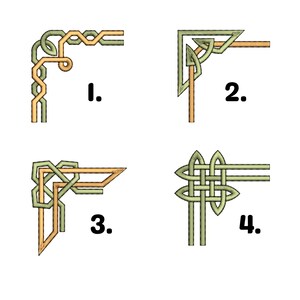 May include: Four corner designs featuring Celtic knot patterns in green and gold. Each design is numbered from 1 to 4. The designs are set against a white background. Suitable for digital art or graphic design projects.